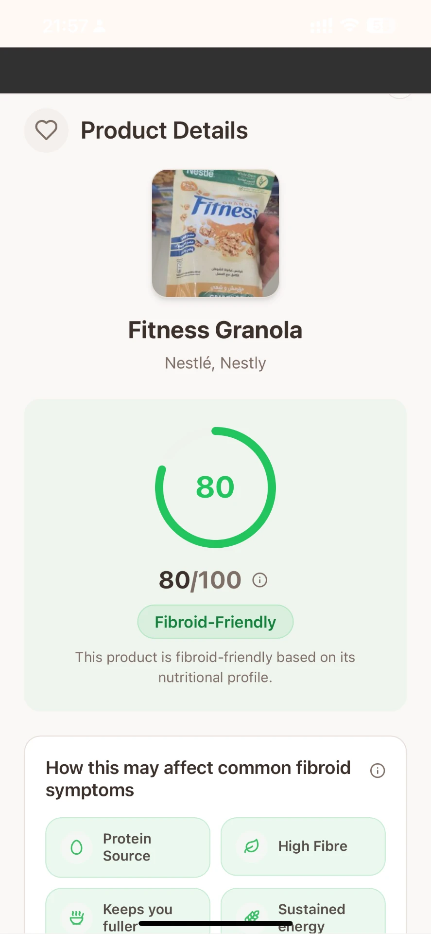 The Elara app showing a product's Elara Score of 80 out of 100 and how it may affect common fibroid symptoms